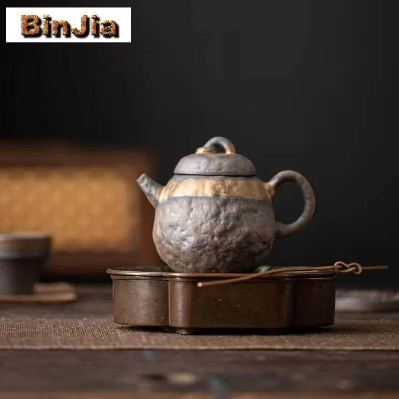 170Ml Japanese Rough Pottery Teapot Handmade Gilded Iron Glaze Pot Tea Making Kettle With Ball Hole Filter Tableware Collection