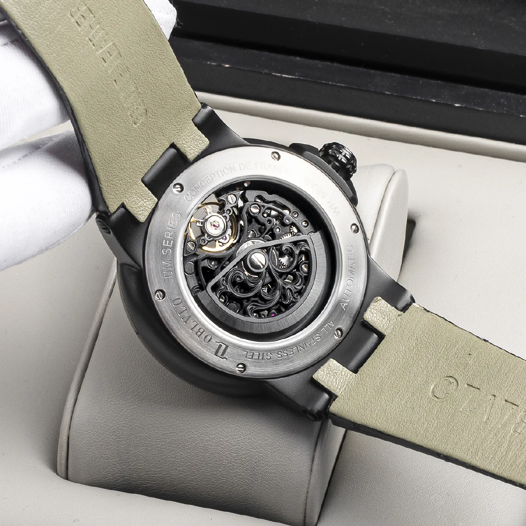 مستطيل الرياضة الهيكل العظمي مضيئة العسكرية التلقائي ساعة ميكانيكية للرجال الصلب حزام من الجلد الياقوت مقاوم للماء UM