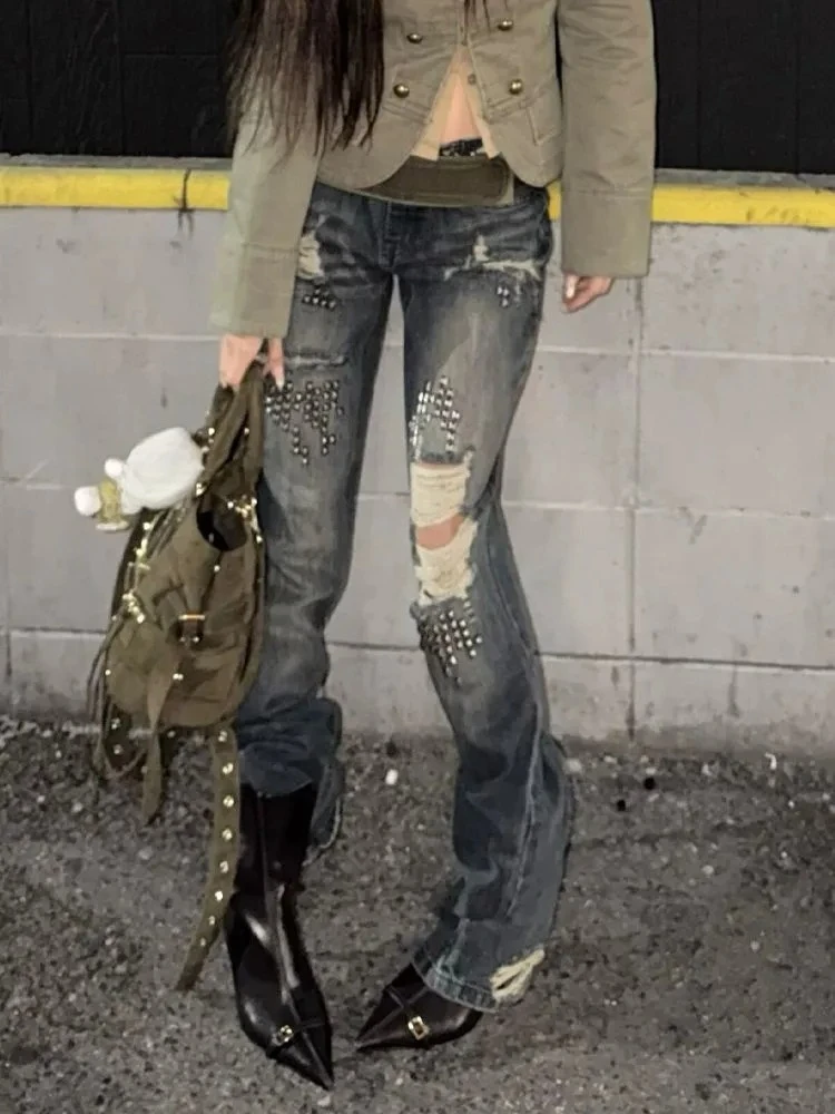 American Vintage Streetwear Full-Length Jeans Distressed Women Casual Y2k Grunge Retro Ripped Bodycon Denim Pants Hot Girl