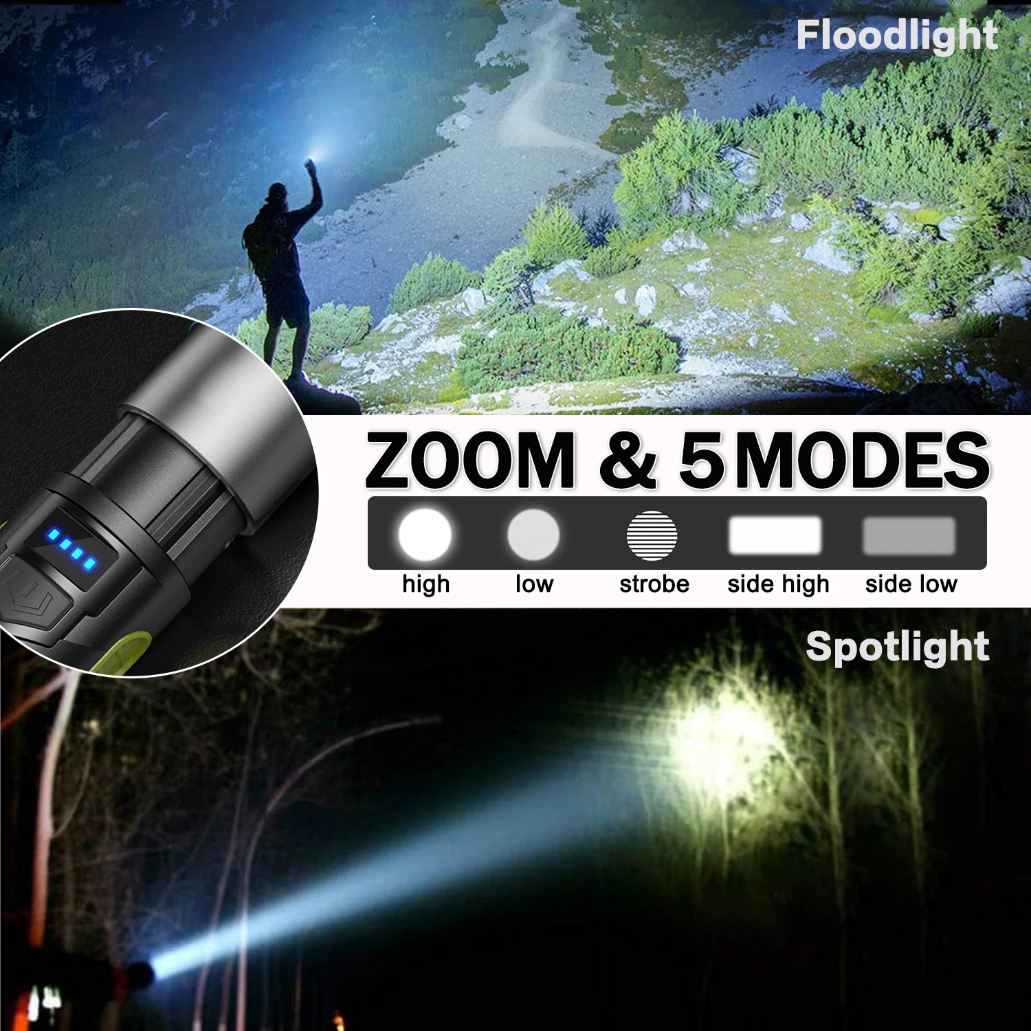 Portable Multifunction LED Flashlight Camping Lighting Lantern Side Light Long Battery Life Outdoor Fishing Waterproof Handlamp