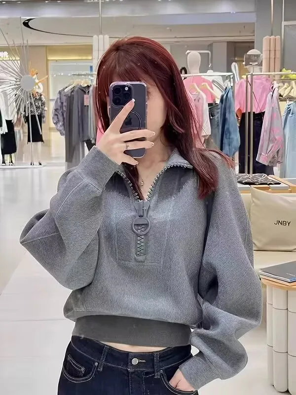 Woman Zipper Hoodie 2025 New Spring Autumn Women Long Sleeve T-shirt Fashion Female Korean Style Pullovers Loose Short Hoodie