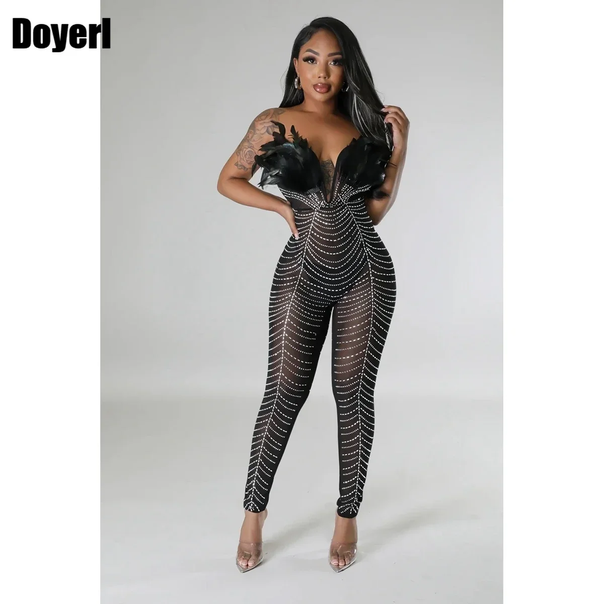 

Black Rhinestone Sheer Mesh Jumpsuits for Women Feather Glam Crystal Bodycon One Pieces Rompers Night Clubwear Birthday Outfits