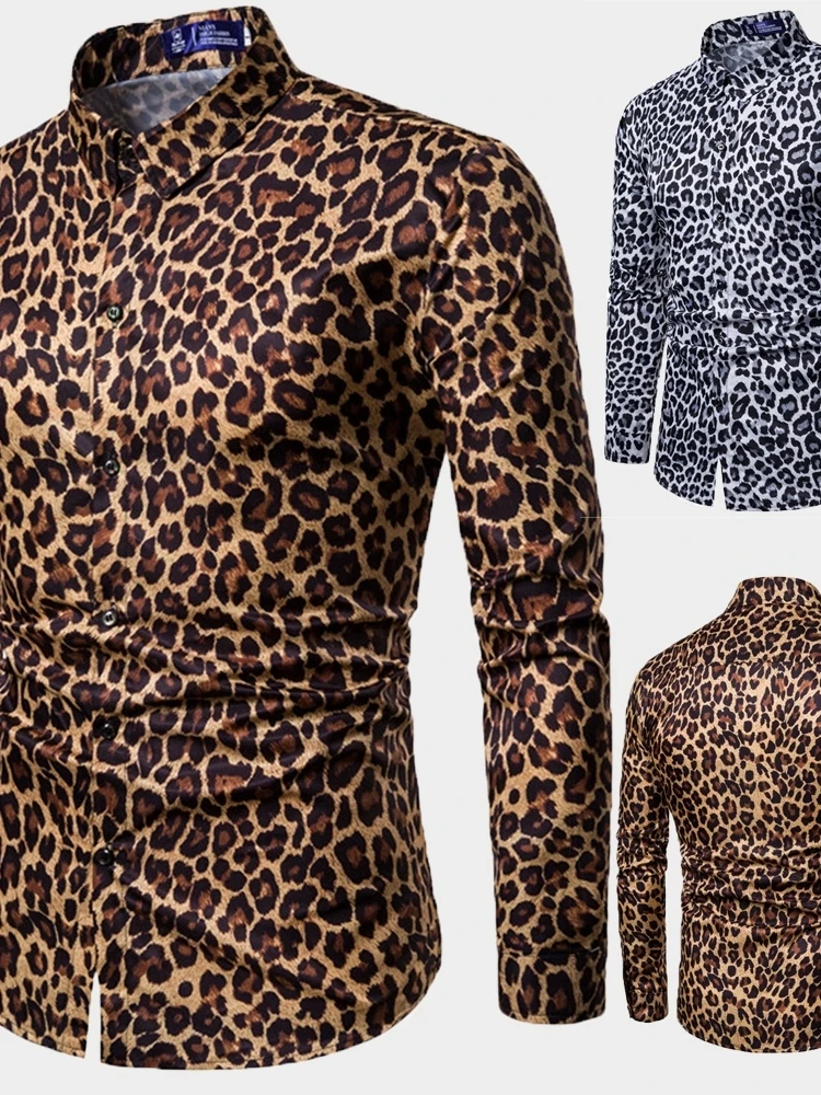 

Slim Fit Leopard Print Long Sve irt for Men Casual Sle Polyester Fiber Cool Sensation Autumn Season Collar Button...