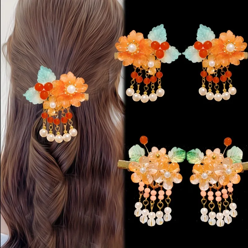 

Elegant 2pcs Set Vintage Tassel Flower Hair Clips - Resin, Mixed Colors, Cute & Sweet Style for Cosplay and Birthday Gifts