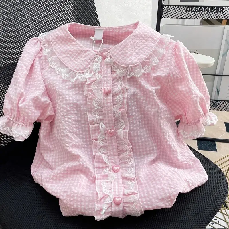 

Japanese Sweet Cute Peter Pan Collar Plaid Blouses Summer Lace Fungus Shirt Women 2025 New Loose Short Sleeve Pink Blusas Mujer