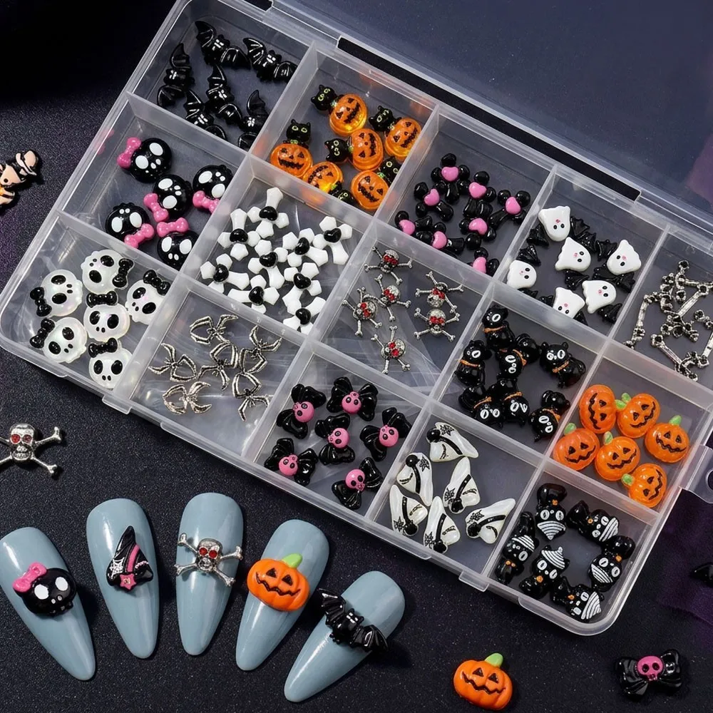 15grid/90pcs 3D Cute Halloween Skull/Ghost/Cat/Pumpkin/Bat/Bow Nail Gems Metal Spider&Cross Nail Charms Flatback Halloween Nails