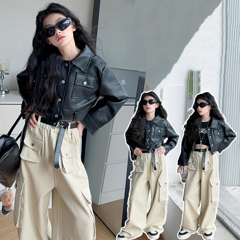 

Baby Girl Clothes Set Size 4-14Y PU Jacket Top+ CargoPants Bottom Clothing Suit Kid Autumn Clothing Set Toddle Girl Y2K Fashion