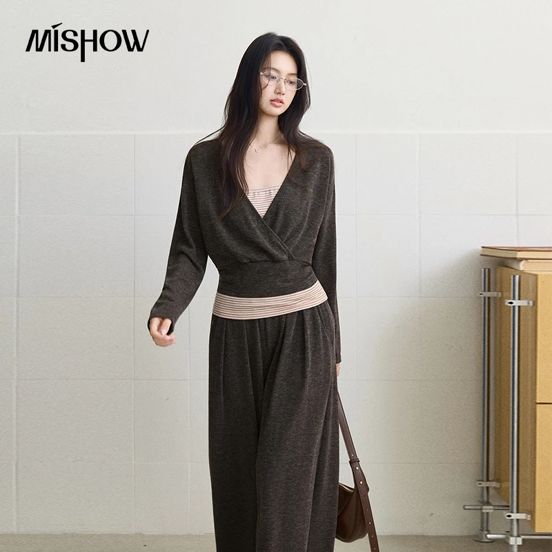 MISHOW Women's Matching Sets 2026 Fall Slouchy Style Fake Two-piece Cross-front Top Straight Leg Pants Cozy Outfits MXF45T3194