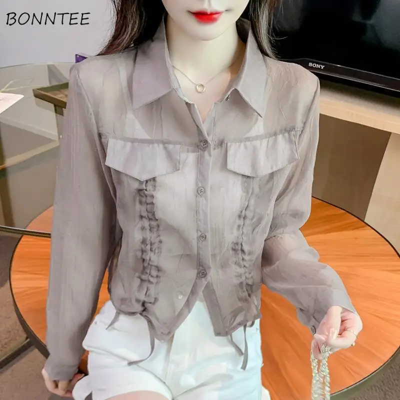 

Chiffon Shirts Women Long-sleeve Transparent Breathable Shirring Summer Sunproof Outwear Design Minimalist Stylish Blouse Mujer