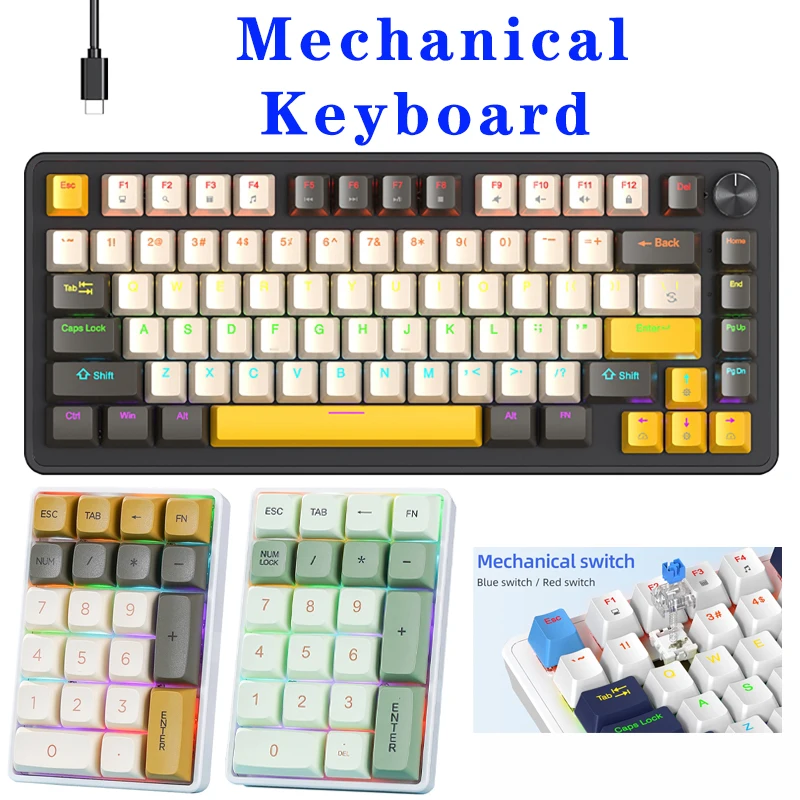 

Multifunctional Knob Wired Mechanical Keyboard,75% Layout 82 Keys,Full Key Hot Swappable,Cool Backlight,Windows&Mac,BT/2.4G/USB