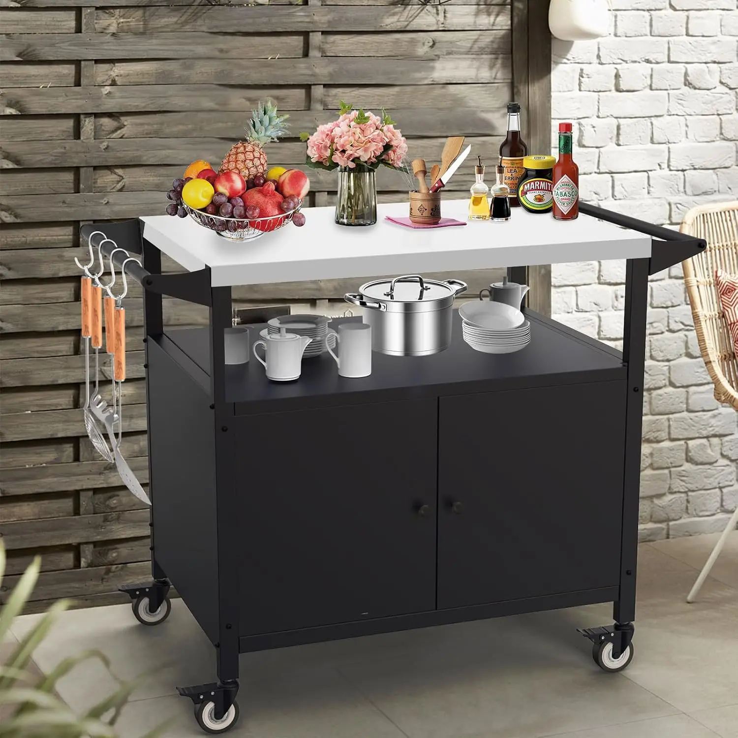 Outdoor Grill Table Countertop Display Organizer Holder Storage Rack Frame Stainless Steel Movable BBQ Cart Prep Station Rolling Bar Serving Cart With Utensil Hooks Black view 6