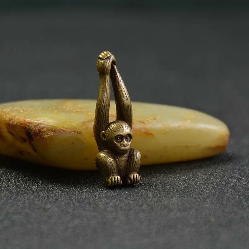 Chinese Antique Bronze Small Handle Lucky Gibbon Mon Statues