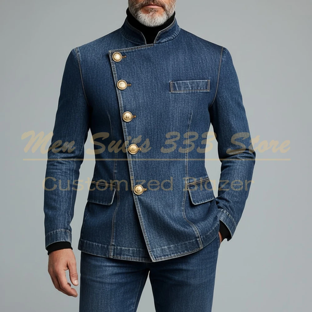 

Роскошные джинсовые мужские костюмы, модные однобортные костюмы с лацканами-стойкой, облегающие комплекты из двух предметов, куртка и брюки, мужская одежда высокого качества