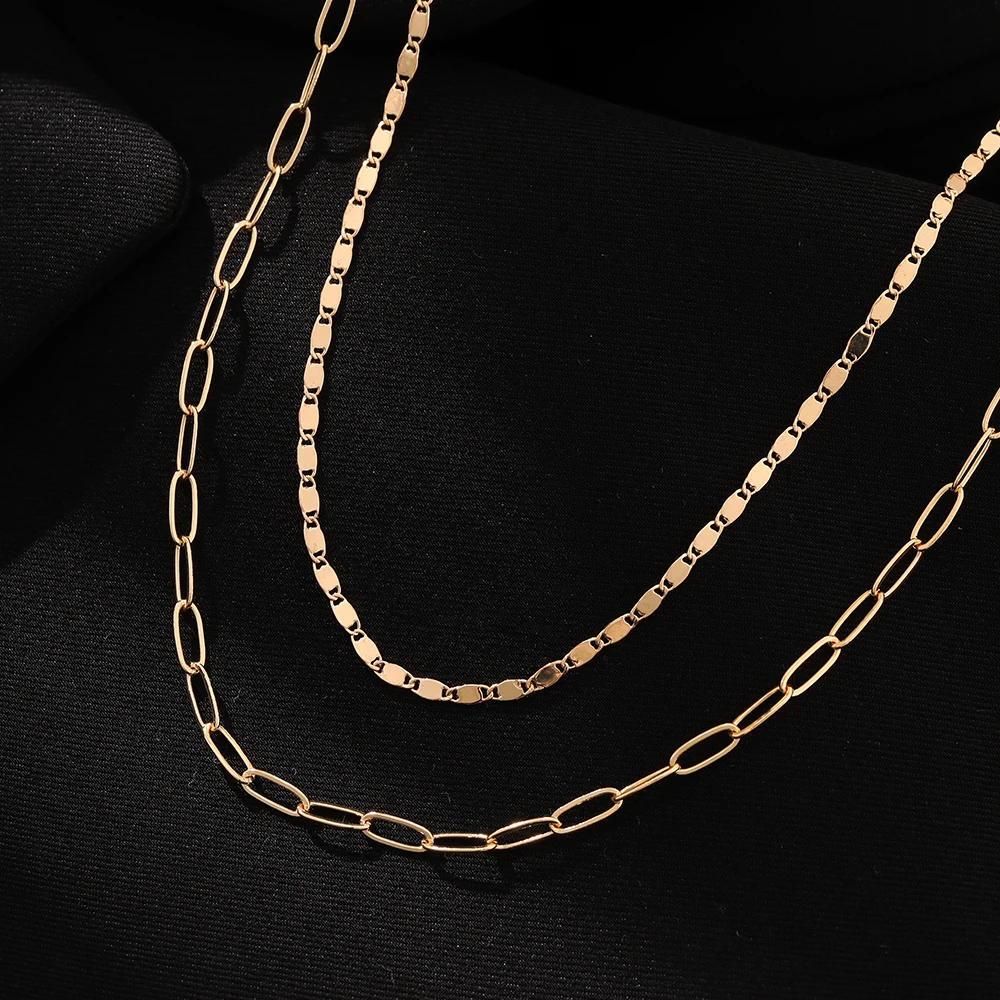 

Trendy Double Layer Lattice Flattened Copper Chain Necklace Lobster Claw Clasp Party Vacation Concert Versatile niche Accessory