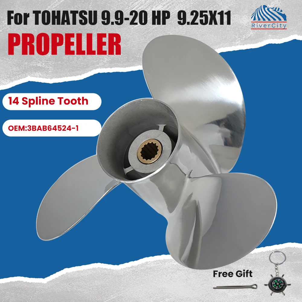 For Tohatsu Nissan 9.9HP 12HP 15HP 18HP 20HP 9.25X11 Boat Stainless Screw 3 Blade Outboard Propeller 14 Spline Marine Engine