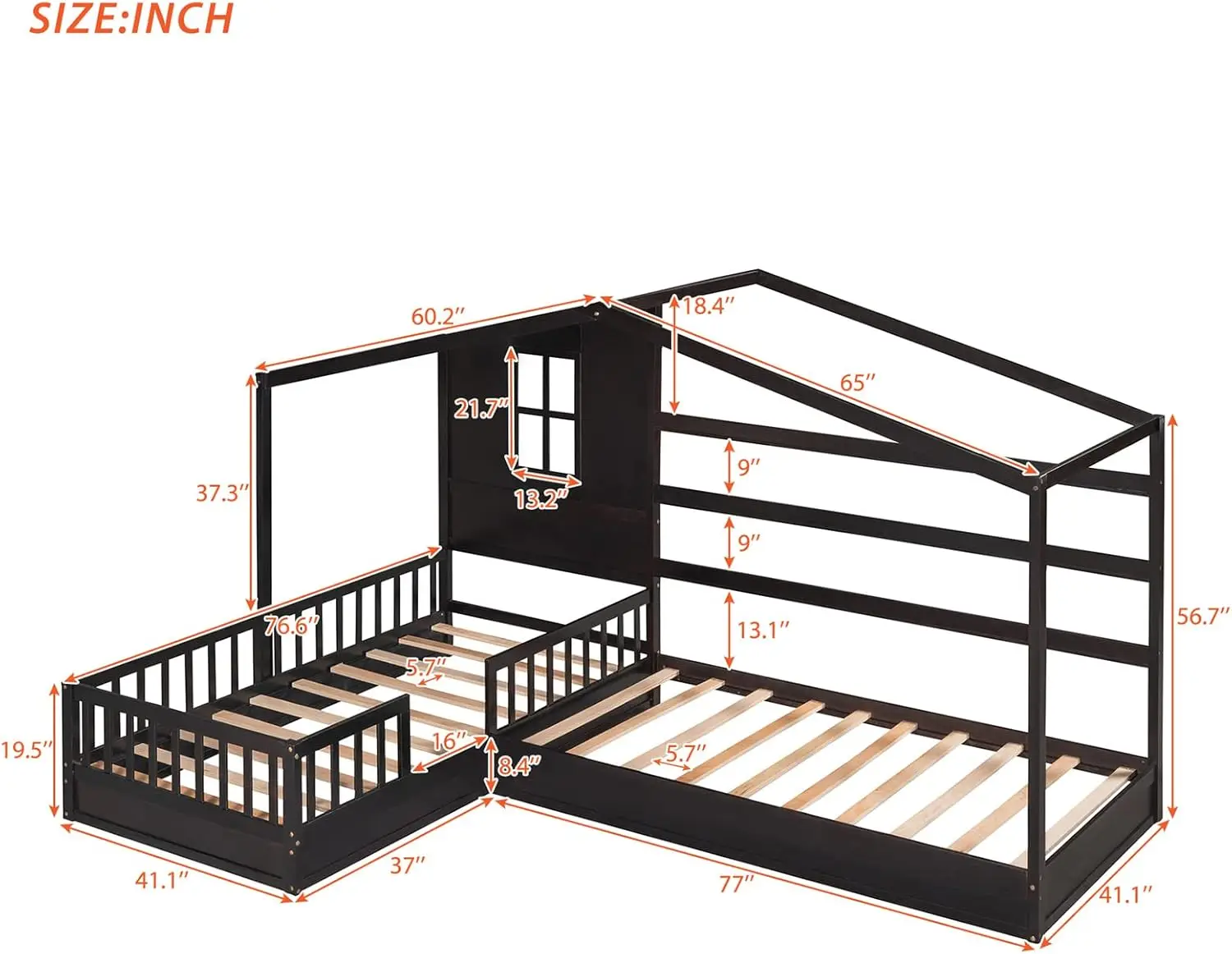 Letto a forma di L per 2 bambini, letti per la casa di dimensioni doppie, letto a doppia piattaforma, struttura letto angolare in legno Montessori con binari e decorativi