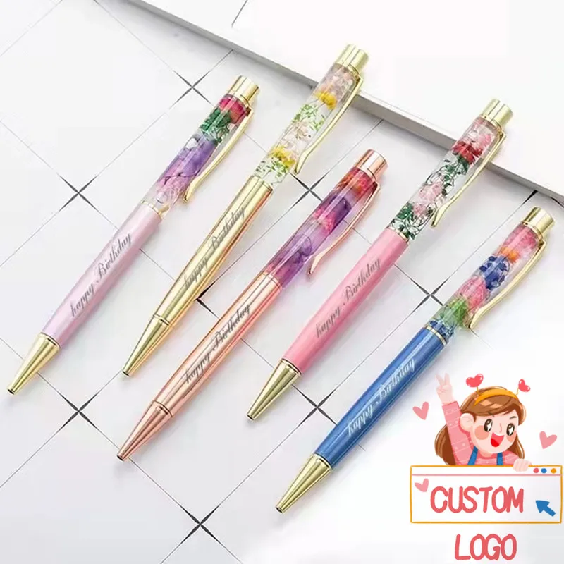 

1Pcs Creative Dried Flower Pen Metal Ballpoint Pen Private Customized Logo Engraved Name Birthday Gift Party Gift Sign Pen