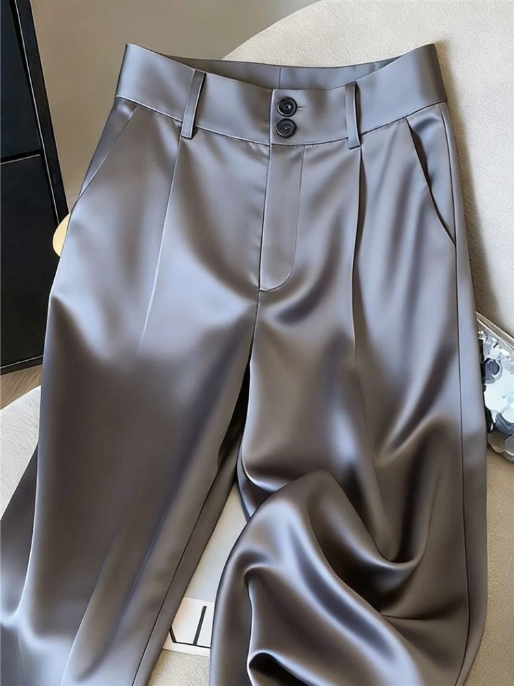 Temperament Elegant Pants Women Autumn Acetate Satin Wide Leg Pants Women Champagne Fashion High Waist Straight Trousers Women