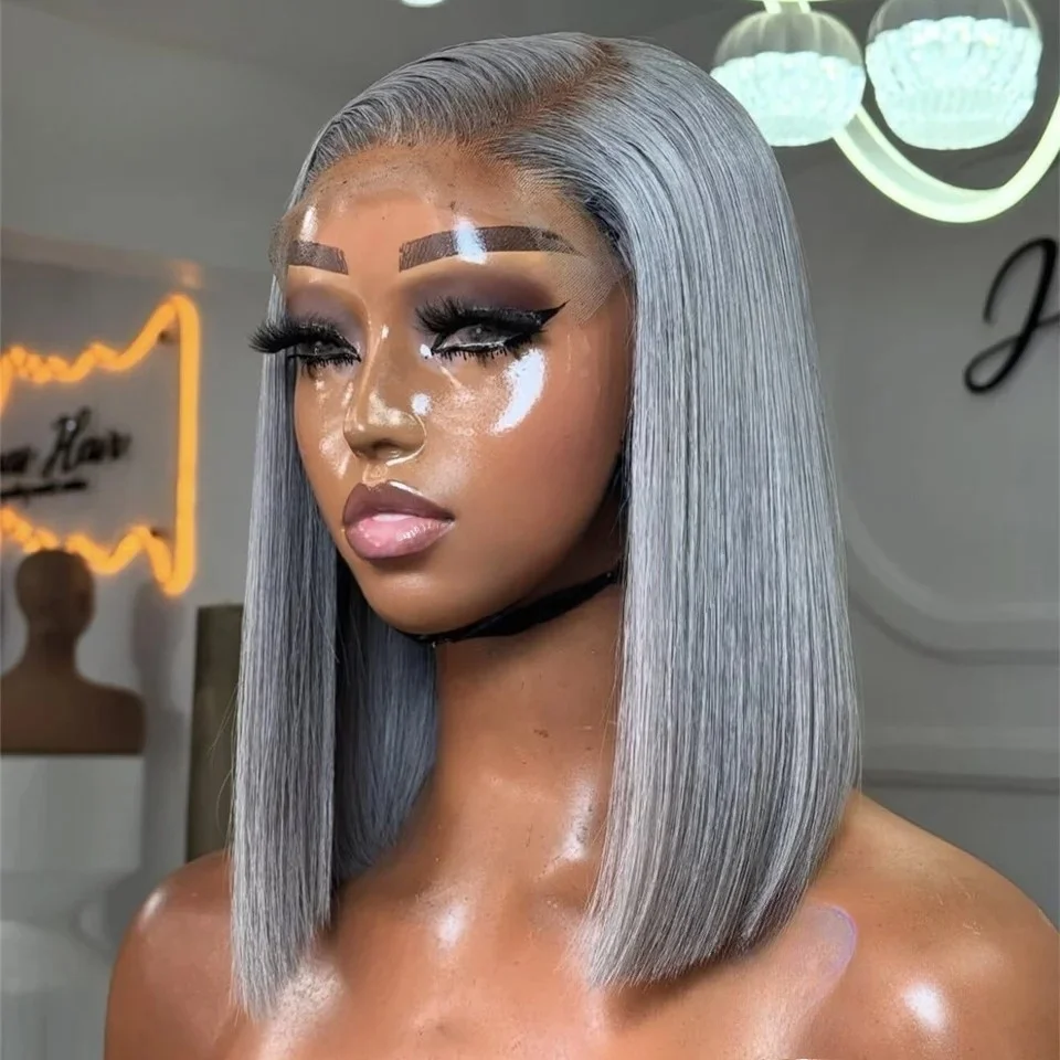 Silver Grey Wig Short Bob Lace Front Wig 13x4 HD Free Part Straight Pre Plucked Synthetic And Blend Grey Color Daily For Women