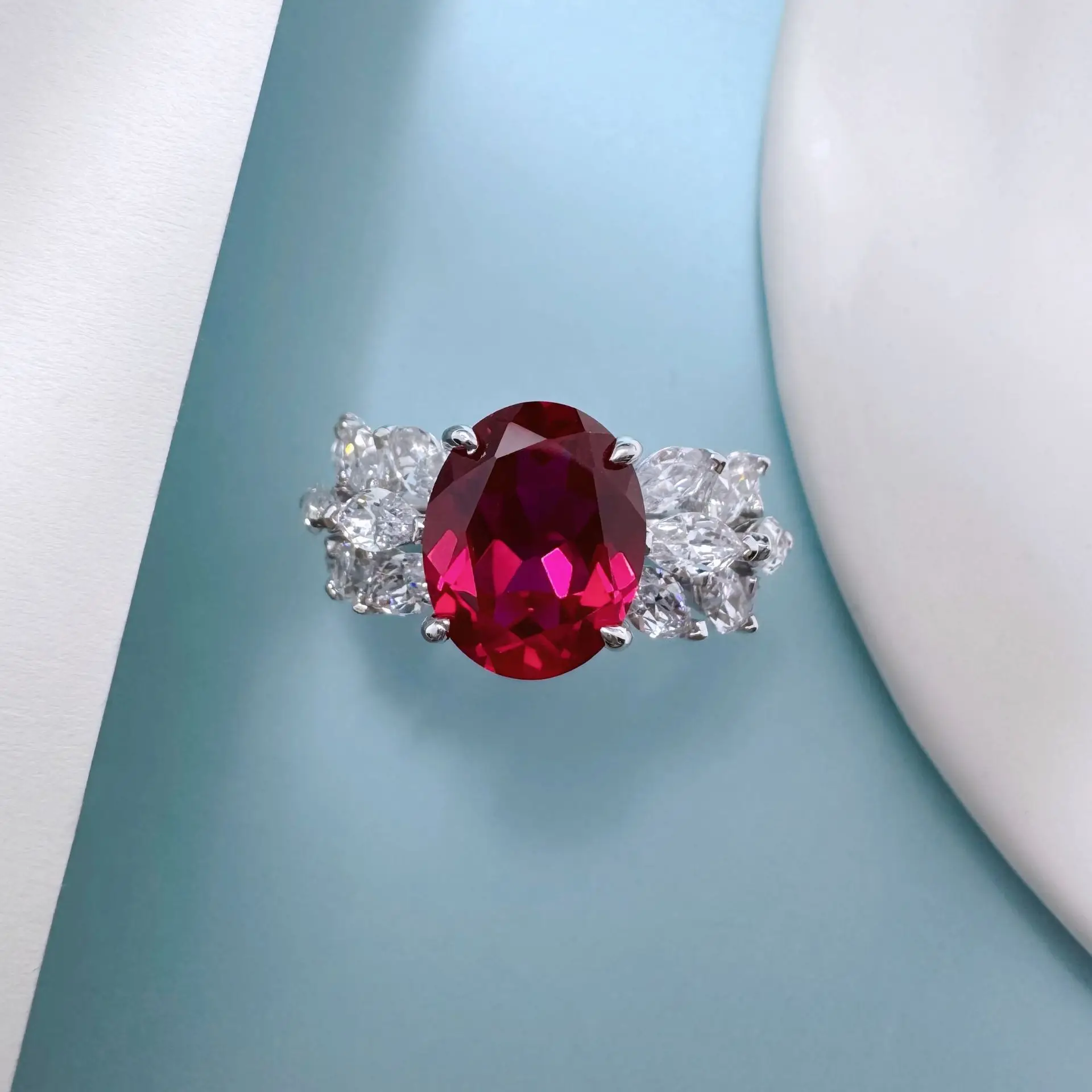 PT950 Platinum Ring Retro Hollow Marquise Wings 3 Carat Oval Ruby High Carbon Diamond Ring Womens Ring