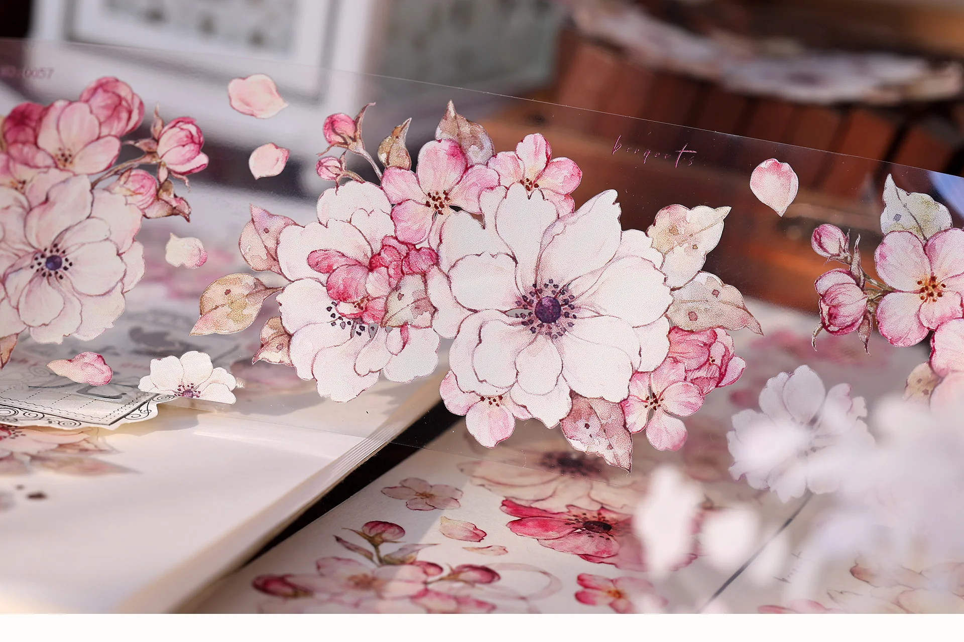 Taoyao Light Retro Pink and White Big Flower Washi PET Journal Sticker Goo Card Tape