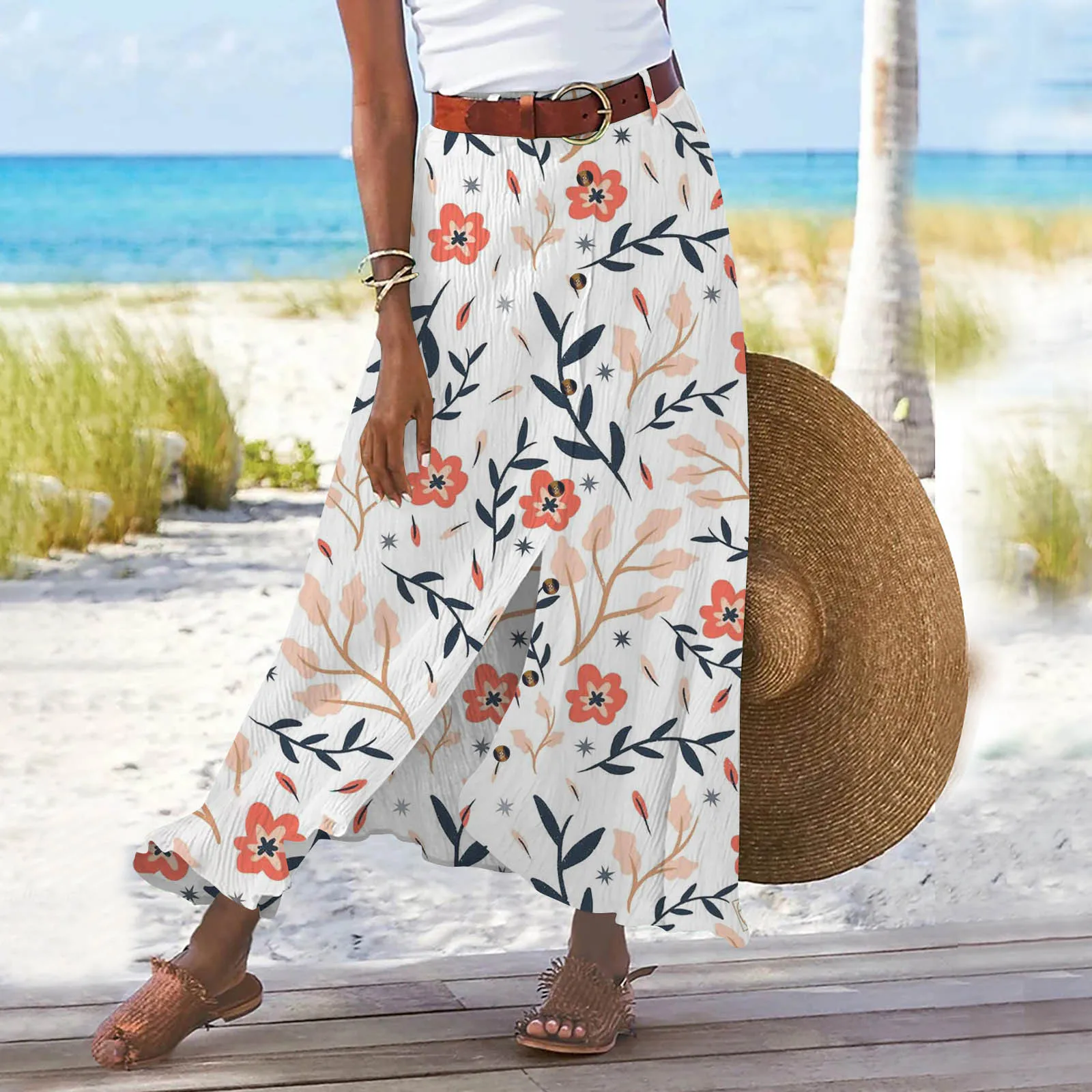 Summer Women's Skirt Cotton Linen Important Button Slit Flower Print Fashion Versatile Vacation Beach Midi Skirt