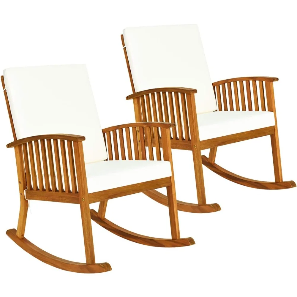 2 pcs outdoor acacia wood rocking chair, wooden rocker w/detachable washable cushions, rocker for porch garden patio balcony po