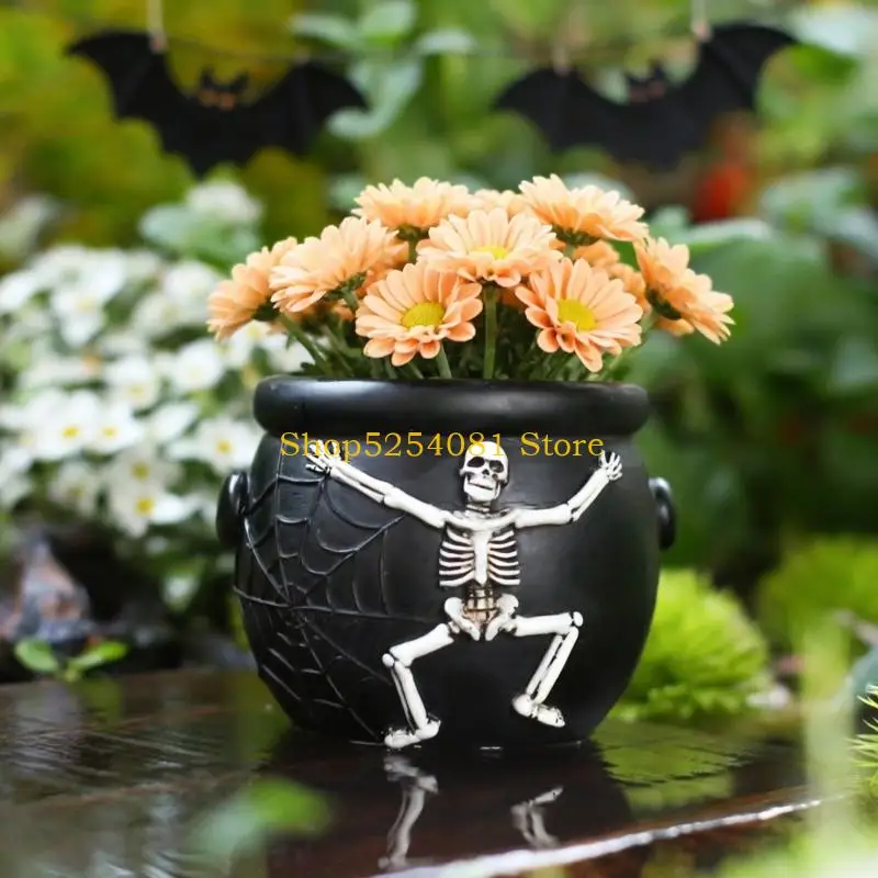 AXYC Decorative Succulents Pot for Halloween, Resins Skull Cauldron Planter with Spiderwebs Relief, Small Table Accent for Shelf