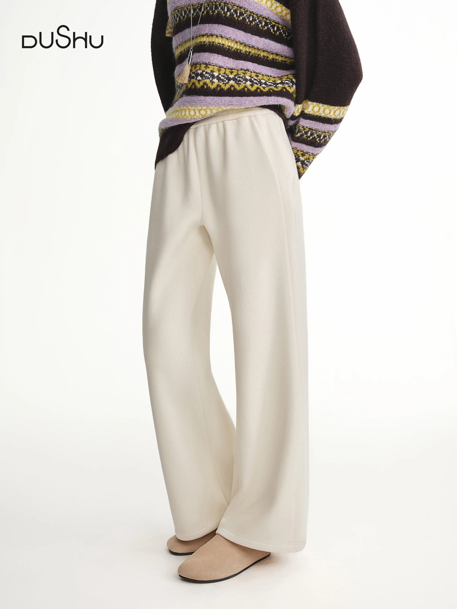 DUSHU Plus Size High Waist Fleece Lined Straight Leg Pants Winter Warm Elastic Waist Casual Trousers Cozy Plush Casual Pants