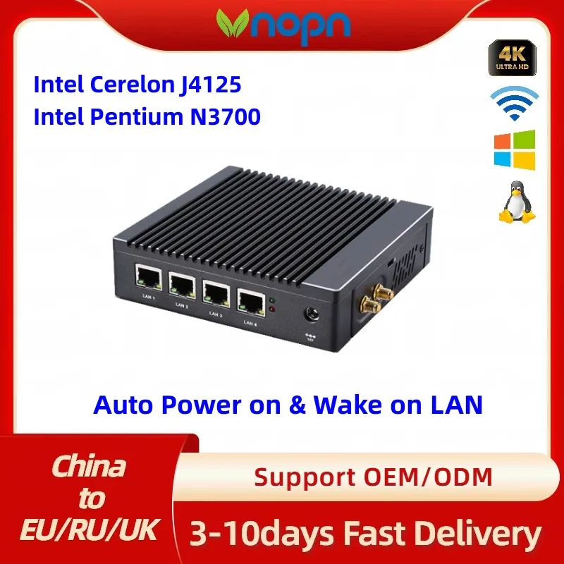 VNOPN Micro Firewall Appliance 2.5GbE Intel 4 порта N3700 четырехъядерный безвентиляторный мини ПК сетевой коробка маршрутизатора, двойной HDMI, RS232 COM