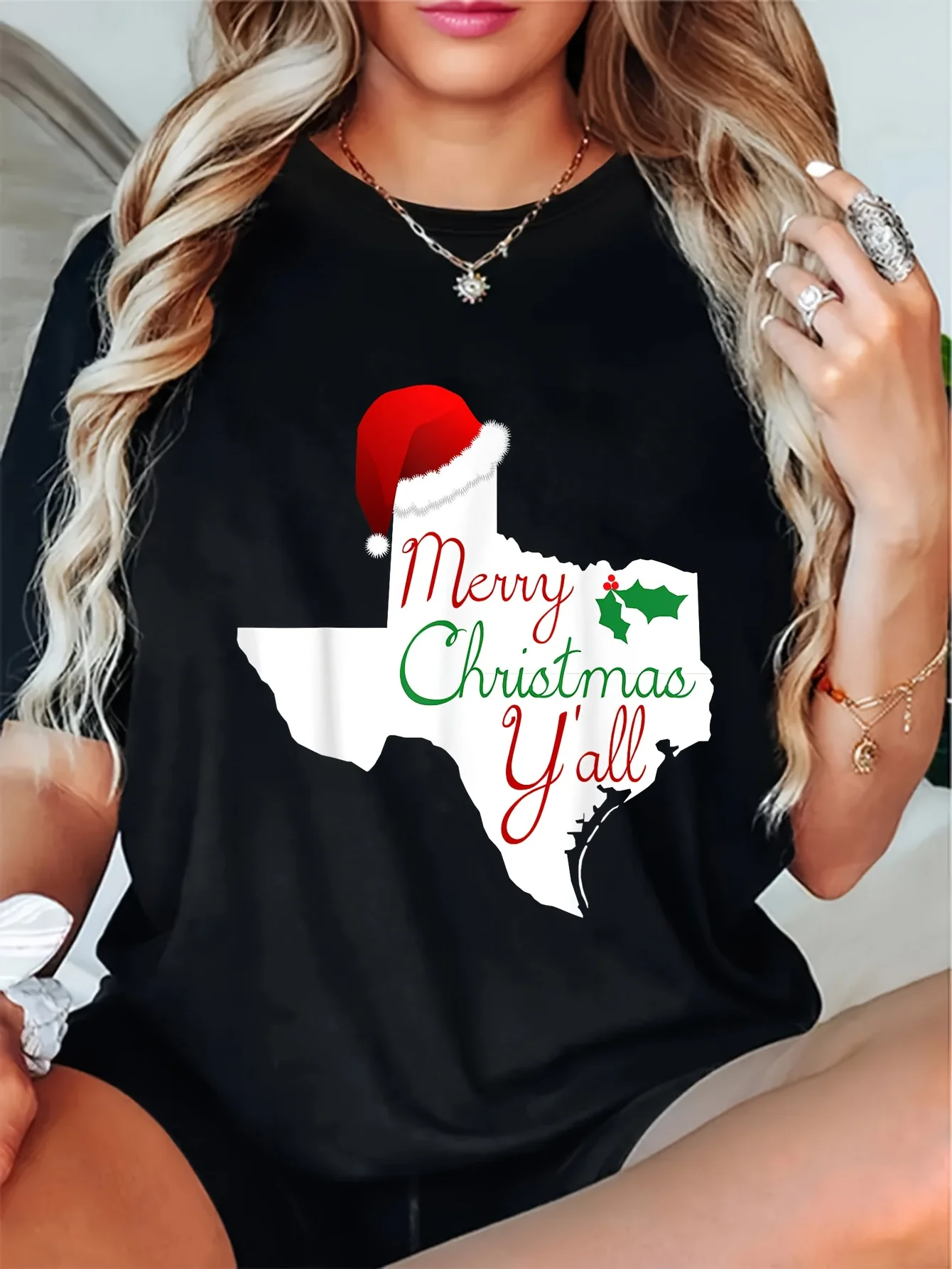 T-shirt natalizia Texas da donna Merry Christmas Y'all Graphic Tee Top casual morbido girocollo vestibilità comoda maglietta a maniche corte