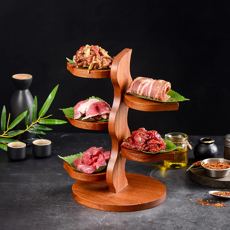 Wooden Creative Japanese Staircase Barbecue Meal with Sashimi Sushi Plate and Imagery Vegetable Hot Pot Shop