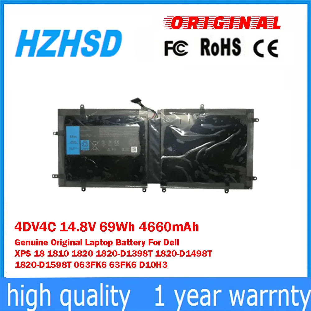 

4DV4C 14,8 В 69 Втч 4660 мАч Оригинальный аккумулятор для ноутбука Dell XPS 18 1810 1820 1820-D1398T 1820-D1498T 1820-D1598T 063FK6