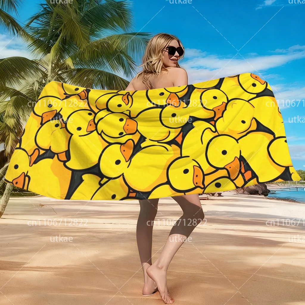 Cute Yellow Rubber Duck Beach Towel Kawaii Cartoon Bath Towel for Duck Lovers, Soft Absorbent Microfiber Swim Towel