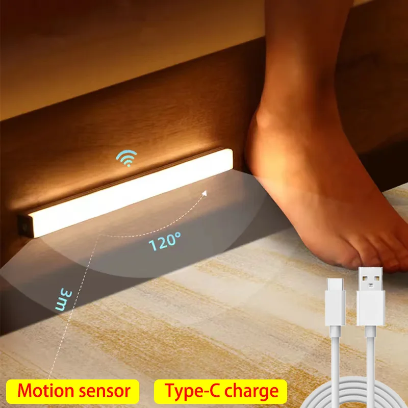 Luz nocturna con Sensor de movimiento, lámpara LED inalámbrica TYPE-C recargable, lámpara para armario, retroiluminación de escalera para cocina LED