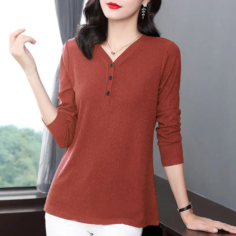 Women Korean Fashion V Neck Long Sleeve Button Basic T-shirt 2024 Spring Autumn Casual Solid Loose Pullover Tops Ropa De Mujer