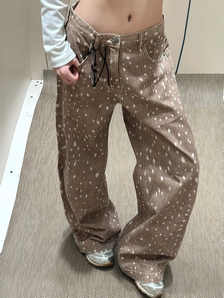 

American Retro Low Waist Denim Pants Light Brown Floor Length Jeans For Women 2025 New Fashion Wide Leg Straight Trousers