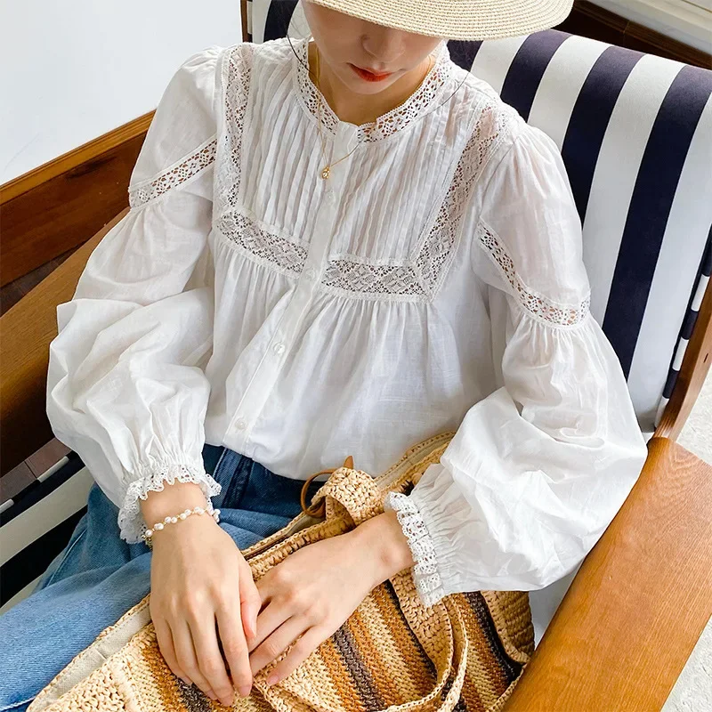 WildPinky Vintage White Lace Shirt Blouses Button Front Hollow Out Embroidered Blouse Long Sleeve Tops Autumn Women Clothing