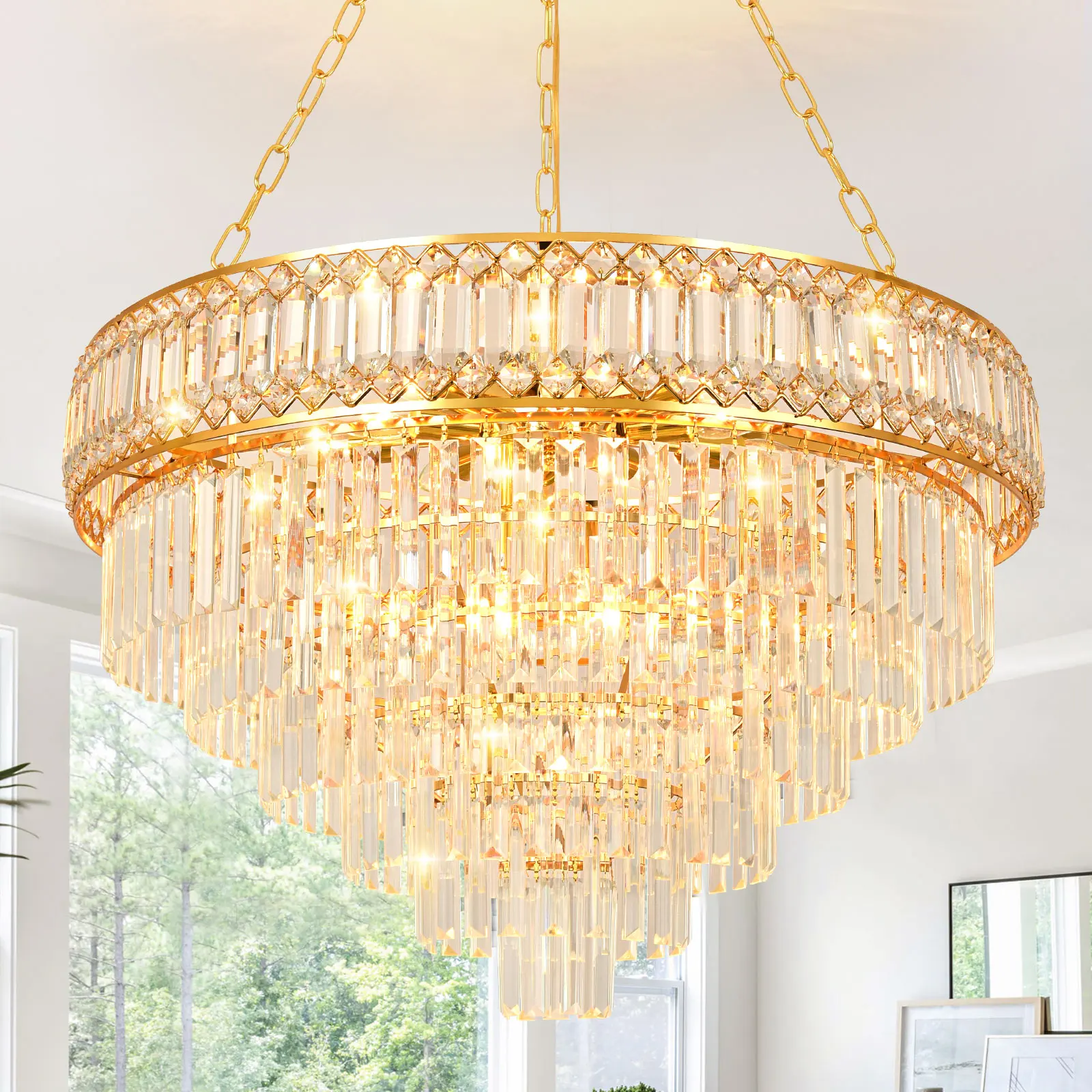 6-Tier Modern Crystal Chandelierfor Dining Room Bedroom Living Room Foyer Farmhouse,E12*15 Lights,29.5*18.9inch