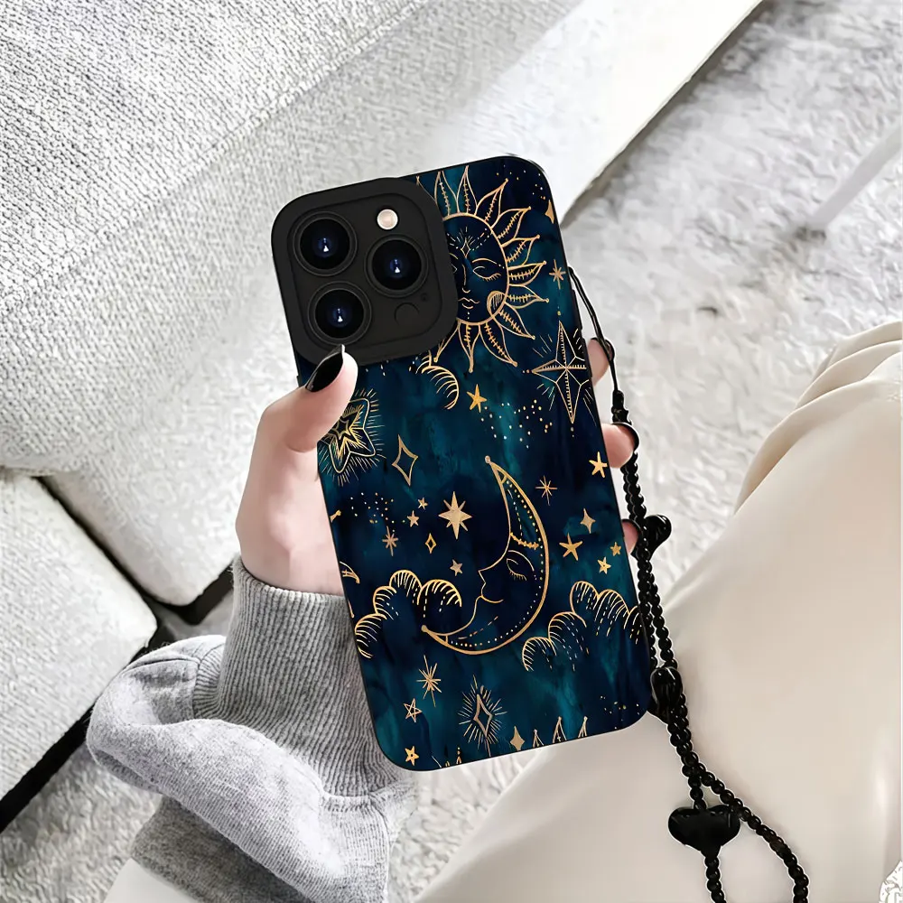 Luxury Sun Moon Star Phone Case For iPhone 17 16 15 14 13 12 11 Pro Max 8 15 16 14 Plus XS 16E TPU Anti-smudge With Strap Cover view 5