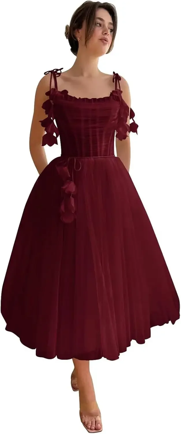 

3D Flower Tulle Prom Dresses 2026 Tea Length Spaghetti Straps Formal Evening Party Gowns with Pockets Formal Dress Women Elegant