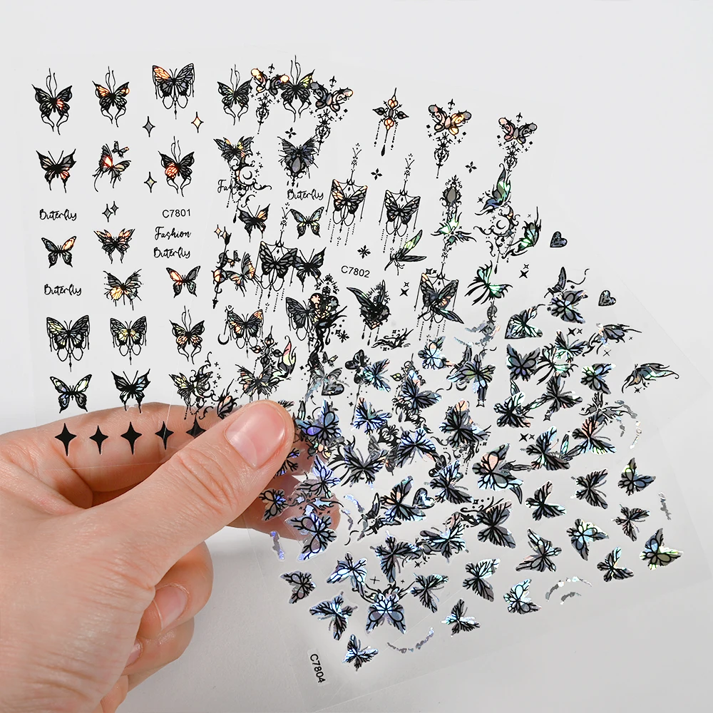 4 Sheet Laser White Black Butterfly 3D Nails Sticker Hollow Butterfly Pattern Adhesive Slider Y2K-Style Art Decals DIY Manicure*