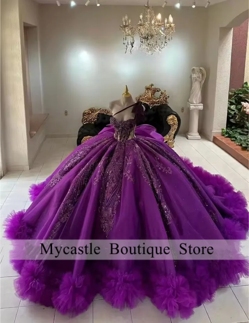 New Purper Tulle Applique Quinceanera Dress Ball Gown 2026 Bow One Shoulder Corset Sweet 16 Dress Birthday Party Gown Customized
