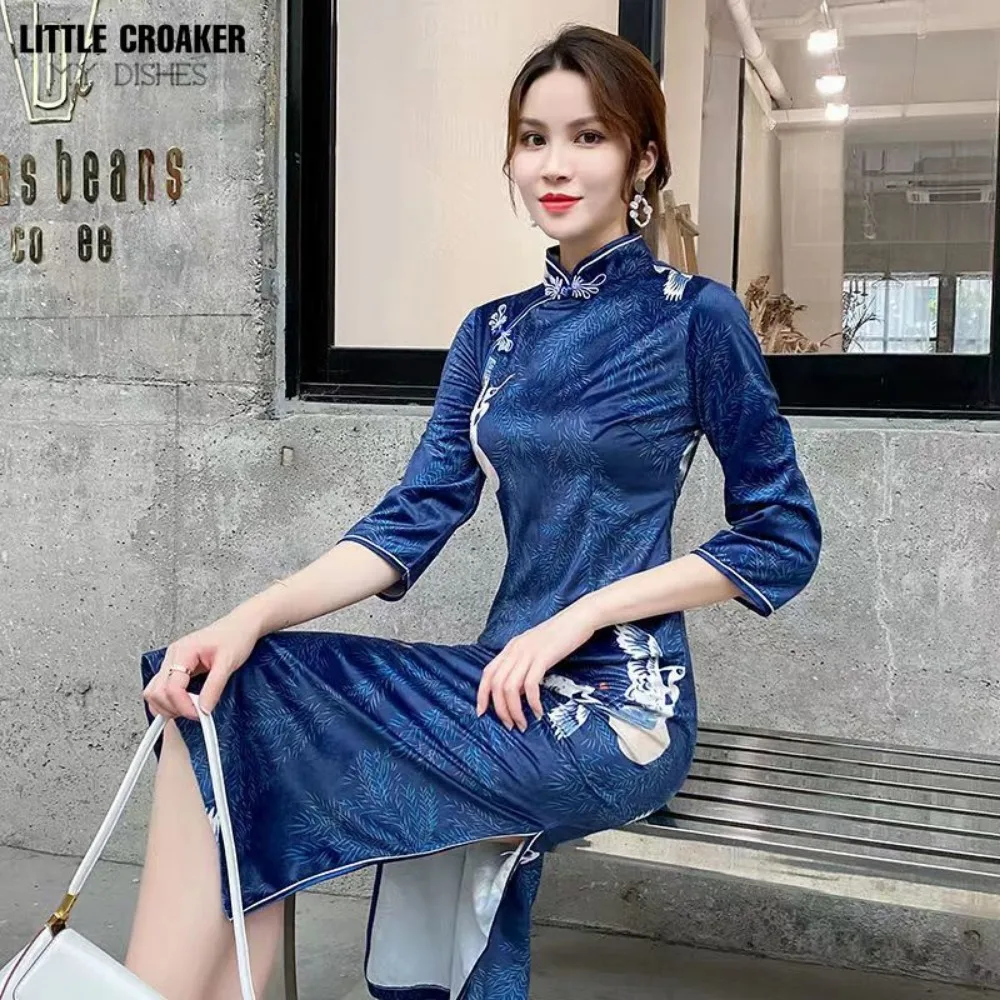 

Cheongsam Modern Long Sleeve Qipao Dress Red Blue Chinese Traditional Clothes for Women Vintage Dress Vestido Chines Feminino