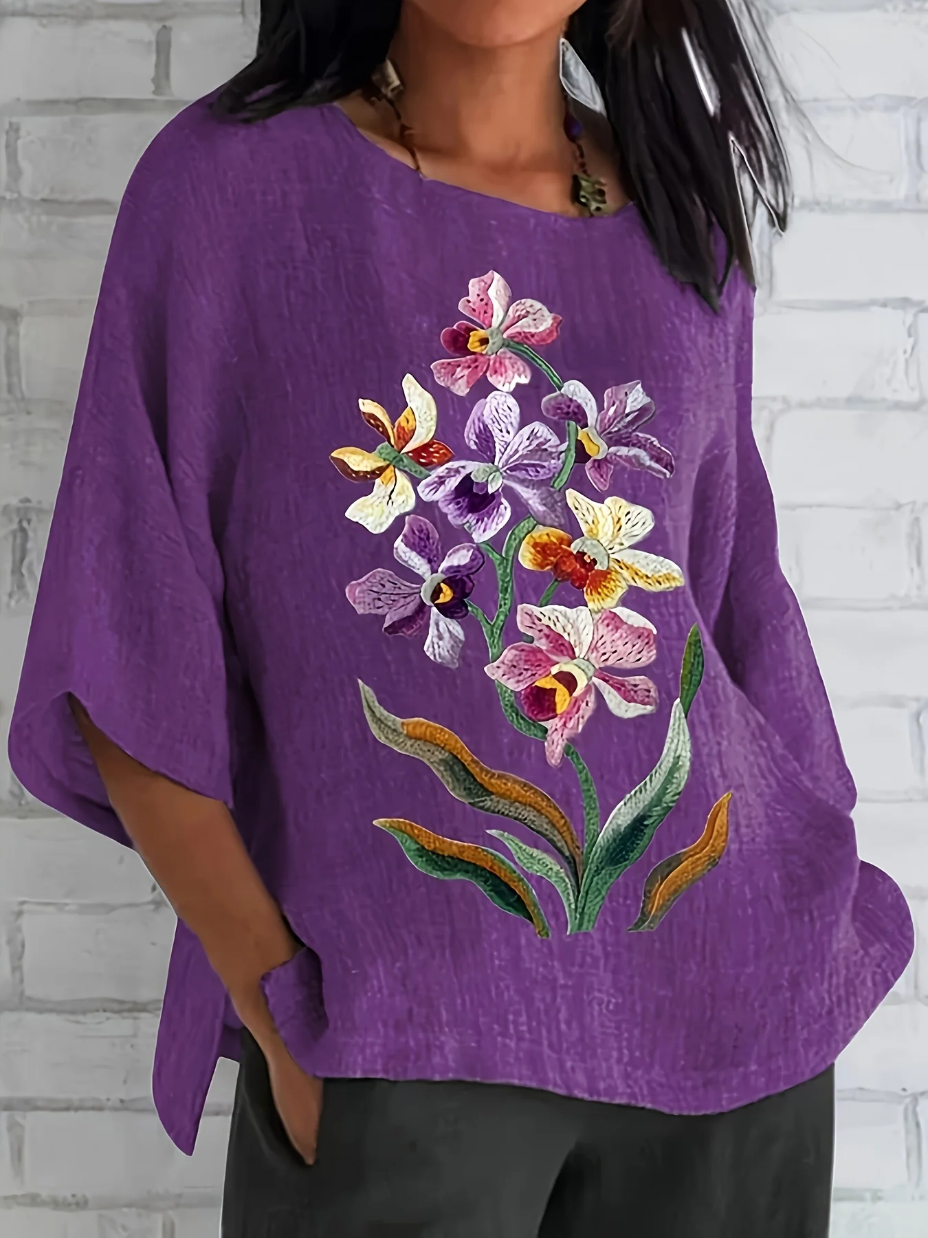 Womens Plus Size Floral Print Blouse Casual Round Neck Non-Stretch Polyester Machine Washable Spring Fashion