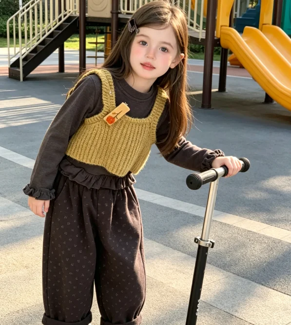 Girls Suit 2026 Autumn and Winter New Childrens Wear Girl Baby Knitted Vest and Bottom Shirt Broken Flower Pants Three Sets