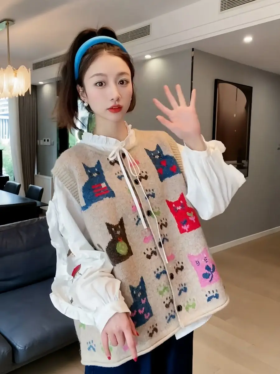 Fashion Sweater Cardigan Autumn New Item Full Body Cat Jacquard Design Breasted Round Neck Sleeveless Knitted Vest for Women