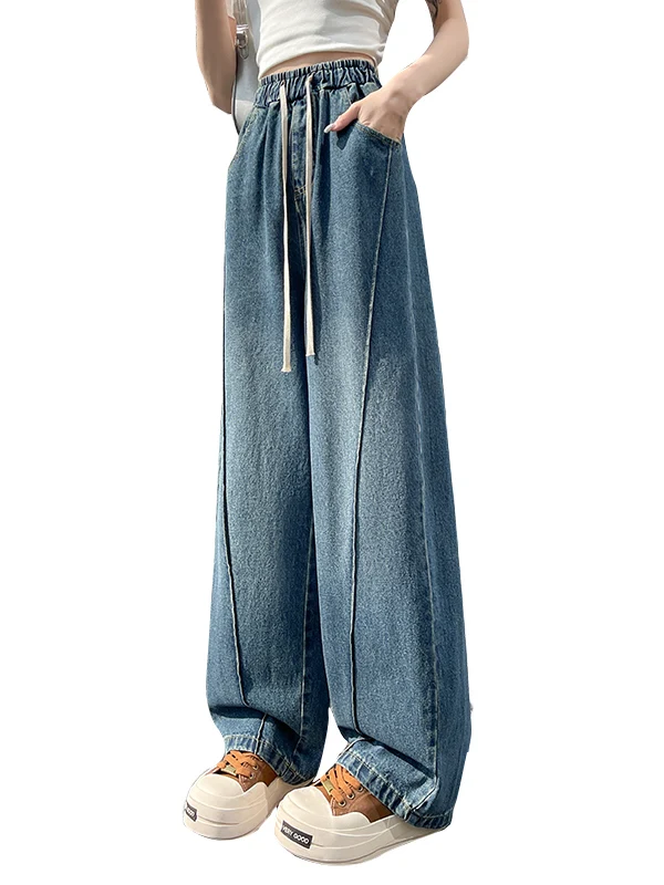 

High Waist Wide Leg Denim Jeans Women's plus Size Harlan Dstring Trousers Blue Long Pants Spring Season Regular Thin