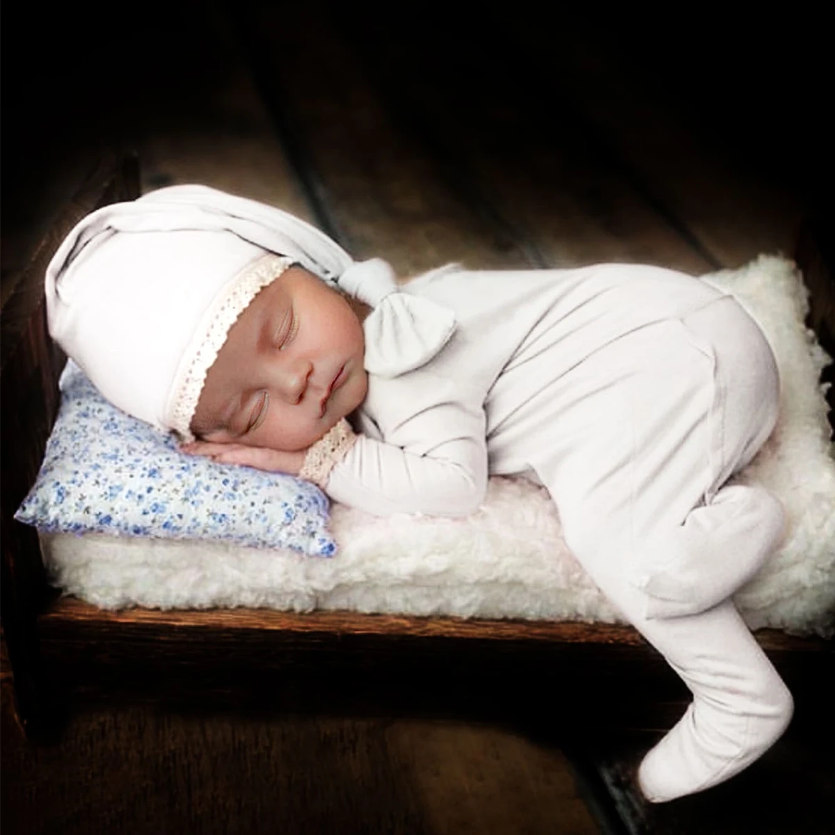 Ylsteed Newborn Boy Footed Jumpsuit for Photo Shooting White Bodysuit with Hat Baby Photography Outfits