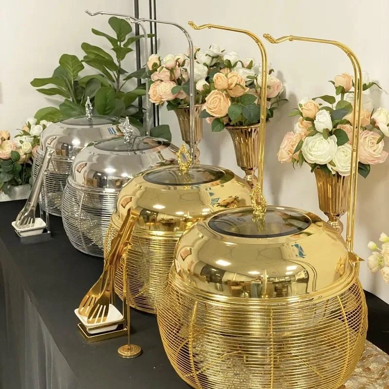 Round Elegant Food Serving Hot Pot with Lid for Wedding Banquets Events Catering Dishes Server